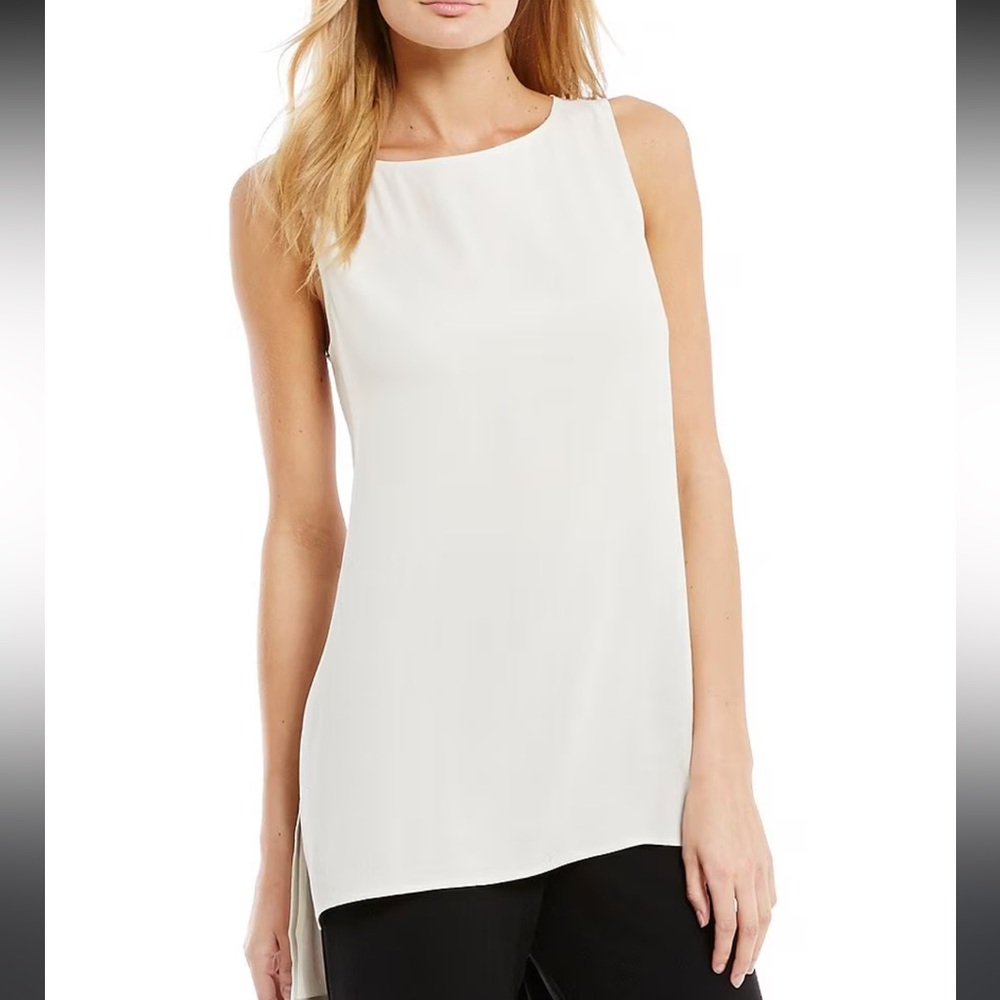 Eileen Fisher | Silk Georgette Crepe Ballet Neck Long Tank | Bone